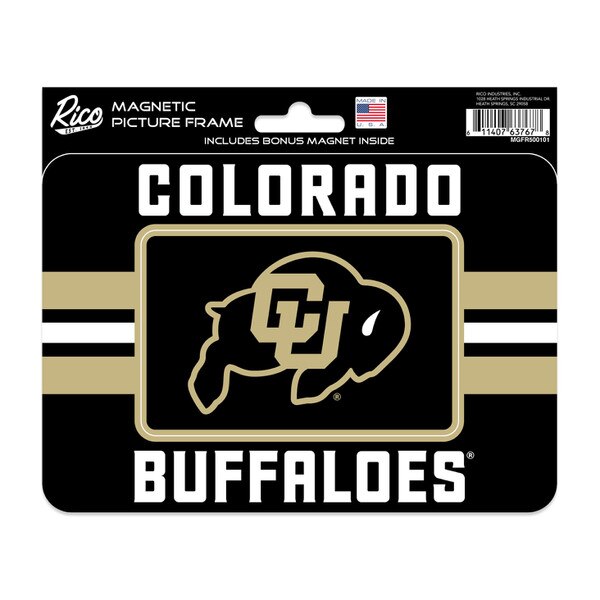 A vegas gold and black striped Rico Industries magnetic picture frame with C.U buffalo logo and "Colorado Buffaloes."